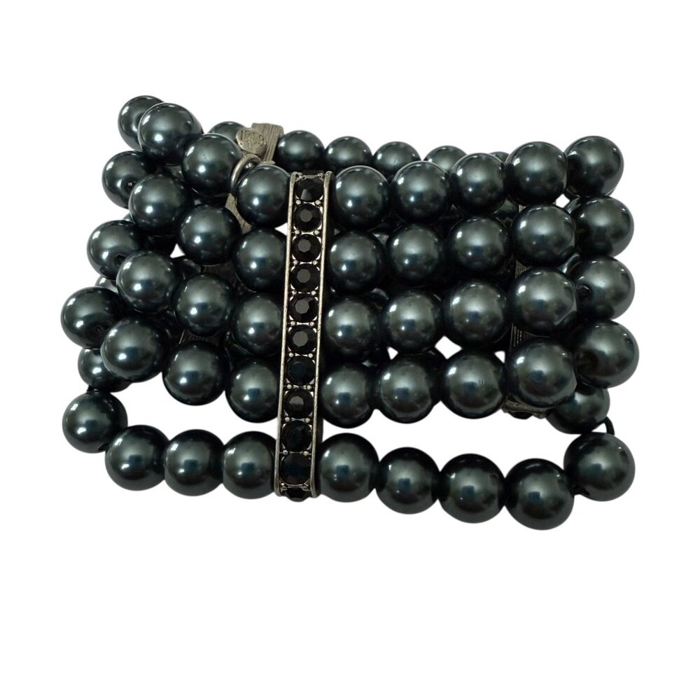 Cabi Heritage Black Pearl Bracelet Silver Tone Rhinestone Blue Gray 5 Strand - Picture 7 of 11